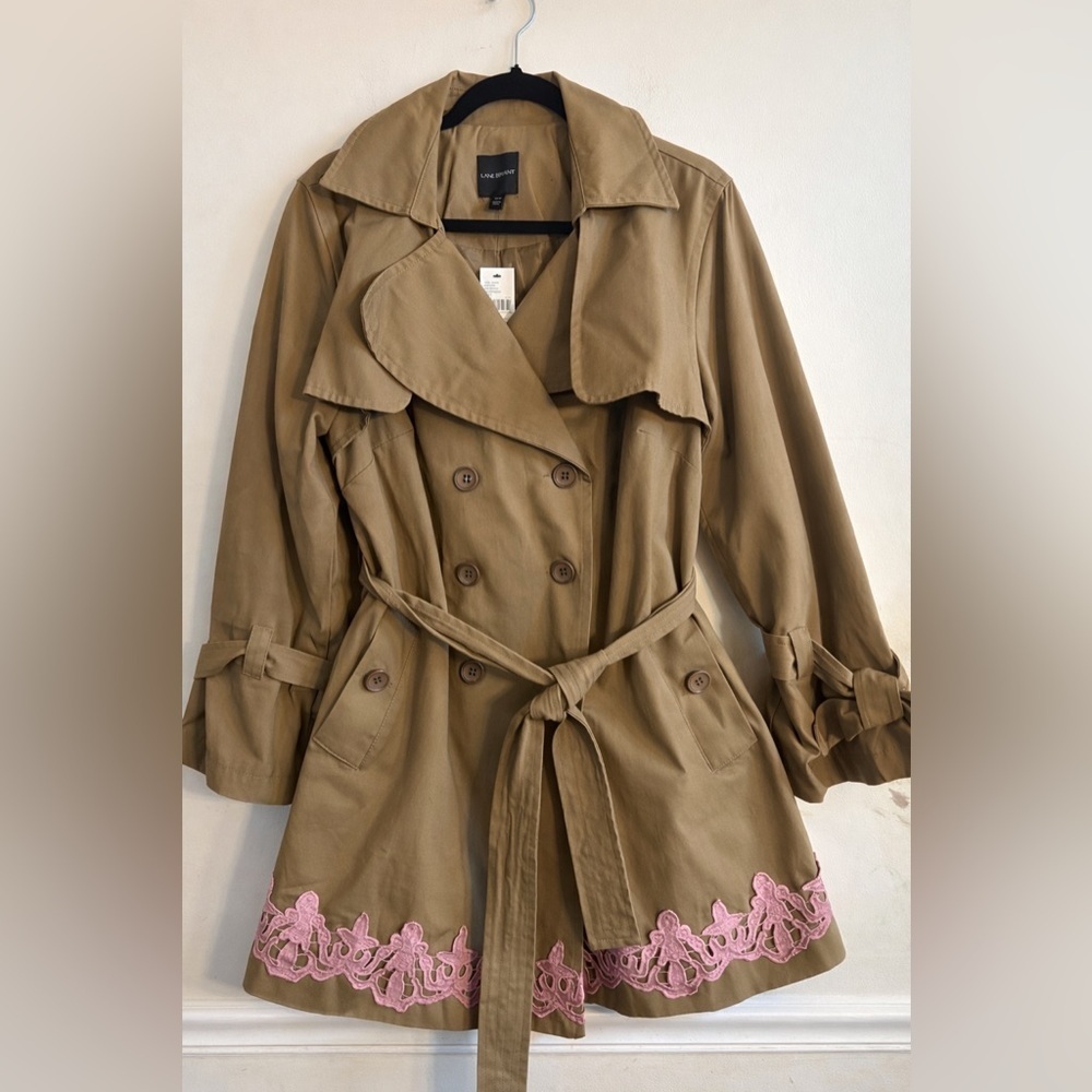 Lane Bryant Brown Trench Coat with Pink Embroidery size 14/16 NWT